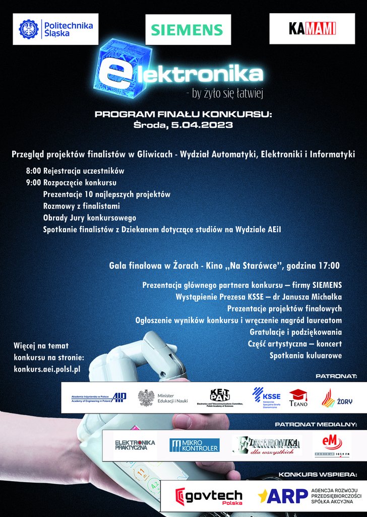 Plakat promujący finał konkursu „Elektronika – by żyło się łatwiej” z informacjami zawartymi w tekście. 