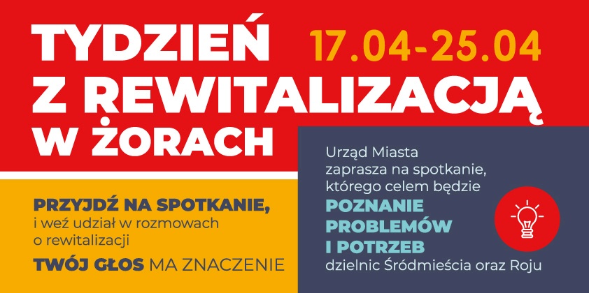Plakat promujący Tydzień z rewitalizacją w Żorach z informacjami zawartymi w tekście. 
