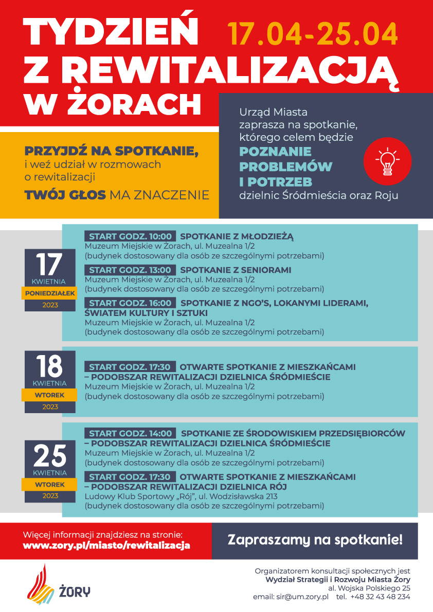 Plakat promujący Tydzień z rewitalizacją w Żorach z informacjami zawartymi w tekście. 