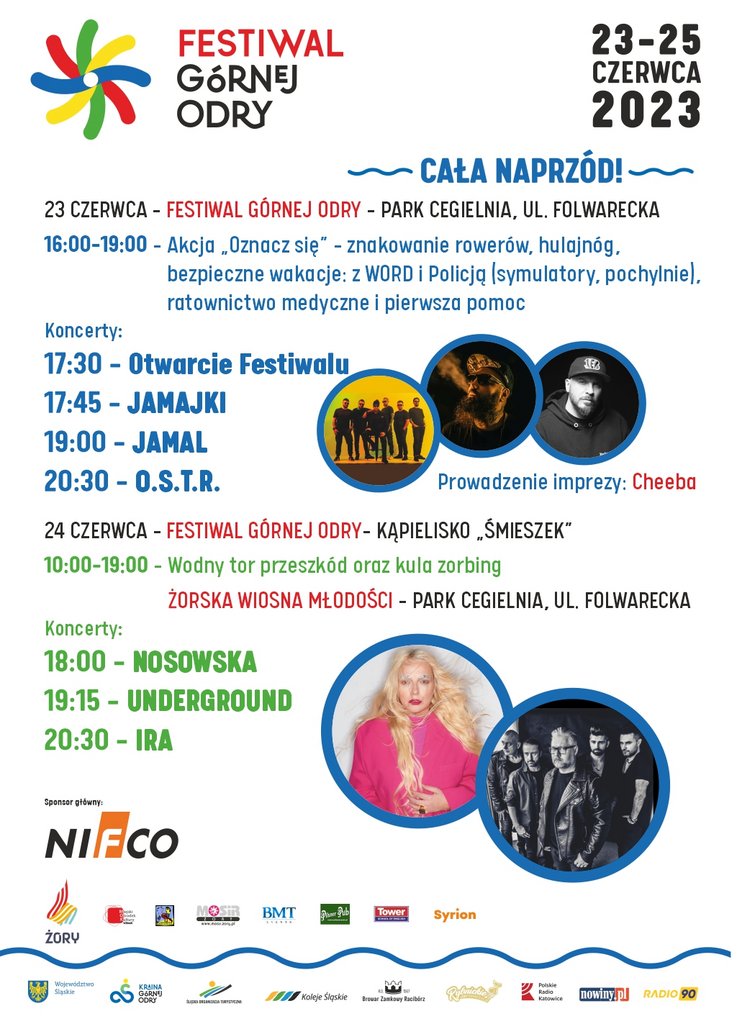 Plakat promujący Festiwal Górnej Odry z wizerunkami artystów: O.S.T.R., Jamal, Jamajki, Nosowska i IRA. A także z harmonogramem godzinowym, opisanym w tekście. 