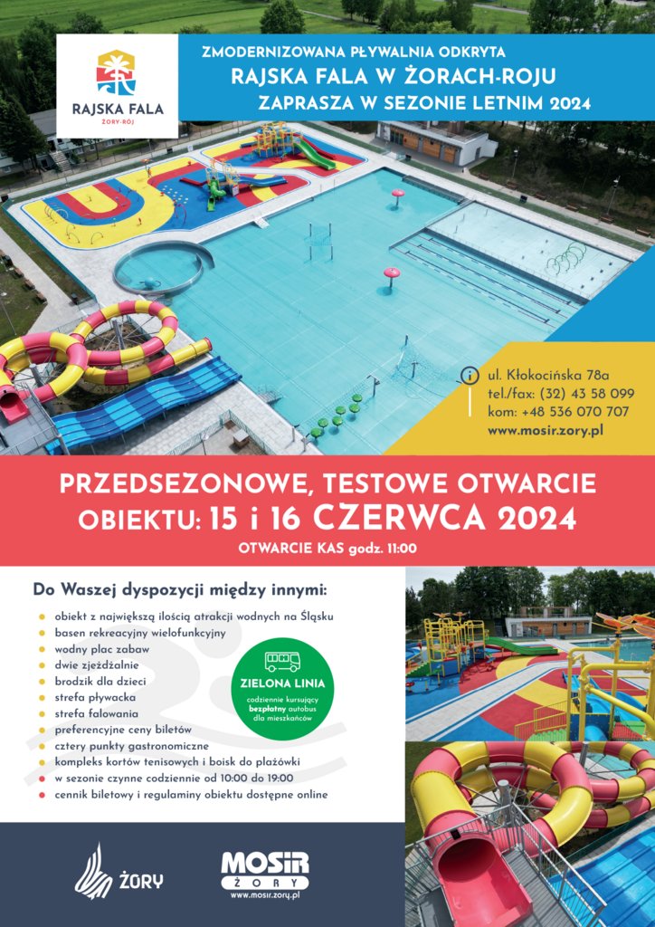 Plakat promujący otwarcie sezonu na kąpielisku Rajska Fala, ze zdjęciem basenu i informacjami zawartymi w tekście. 