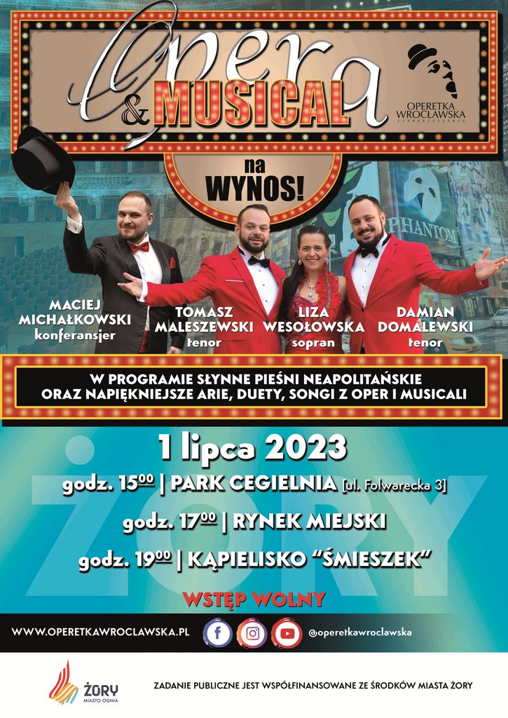 Plakat promujący projekt „Opera&Musical na WYNOS” z wizerunkami artystów oraz informacjami zawartymi w tekście. 