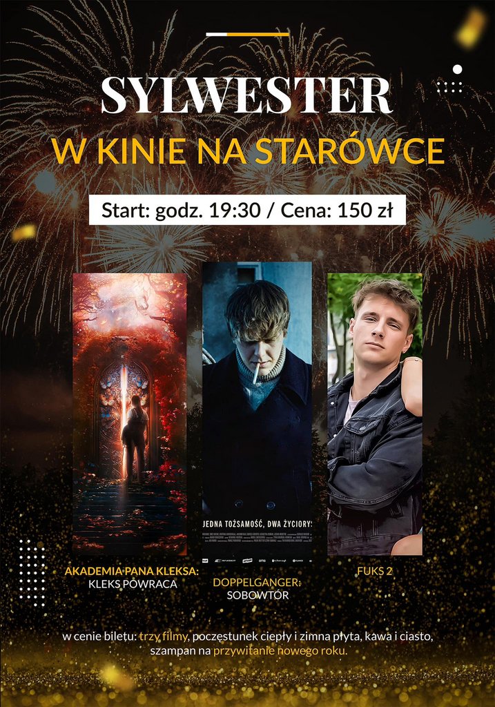 Plakat promujący Sylwester w kinie Na Starówce. Na plakacie znajdują się plakaty zapowiadające poszczególne filmy oraz informacje zawarte w tekście. 