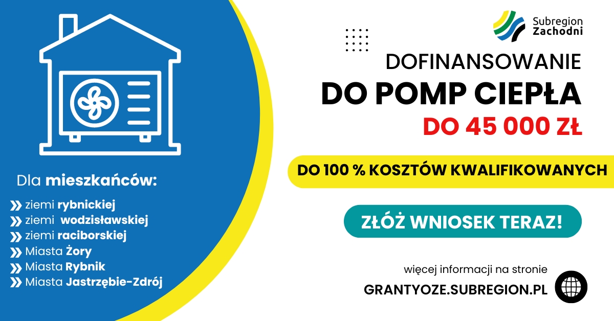 Grafika promująca dotacja na pompy ciepła z informacjami zawartymi w tekście 