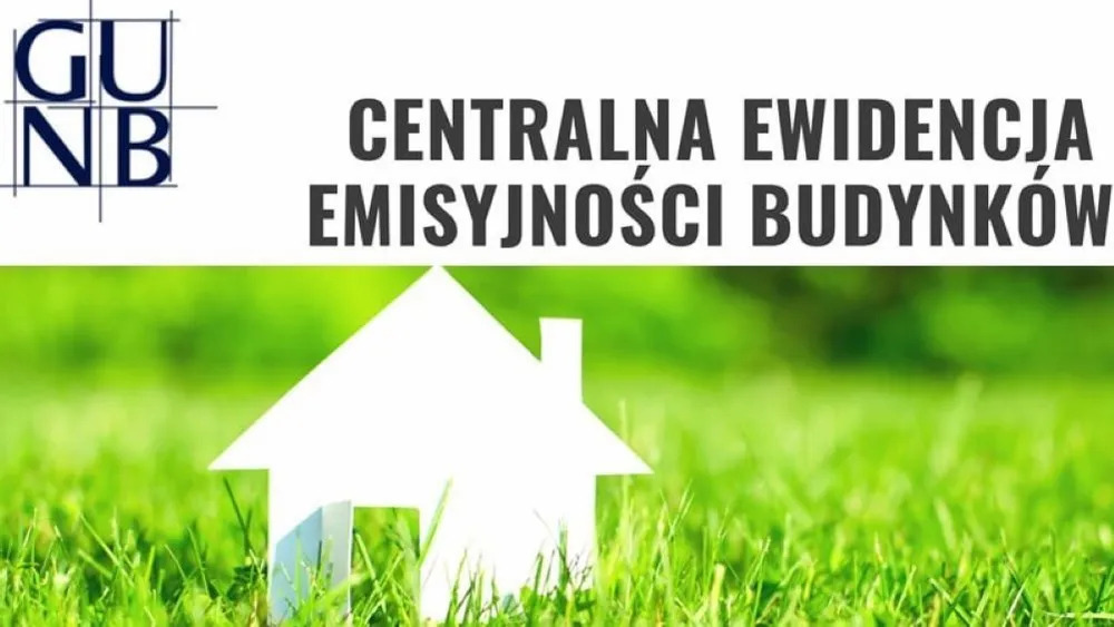 Grafika z logo GUNB, napisem: Centralna Ewidencja Emisyjności Budynków oraz wizerunkiem domku z papieru na zielonej trawie. 