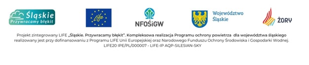 Pasek logotypów, zawierających loga: Śląskie przywracamy błękit, program Life, NFOŚiGW, Śląskie, Miasto Żory. 
