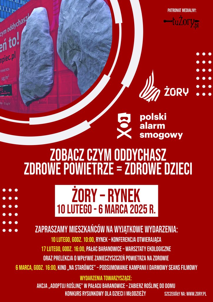 Harmonogram działań 10 LUTEGO, GODZ. 10:00, RYNEK - KONFERENCJA OTWIERAJĄCA 17 LUTEGO, GODZ. 16:00, PAŁAC BARANOWICE - WARSZTATY EKOLOGICZNE ORAZ PRELEKCJA 0 WPŁYWIE ZANIECZYSZCZEŃ POWIETRZA NA ZDROWIE 6 MARCA, GODZ. 16:00, KINO „NA STARÓWCE” - PODSUMOWANIE KAMPANII I DARMOWY SEANS FILMOWY WYDARZENIA TOWARZYSZĄCE: AKCJA „ADOPTUJ ROŚLINĘ” W PAŁACU BARANOWICE - ZABIERZ ROŚLINĘ DO DOMU KONKURS RYSUNKOWY DLA DZIECI I MŁODZIEŻY 