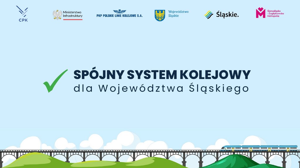Grafika z napisem Spójny System Kolejowy dla Województwa Śląskiego 