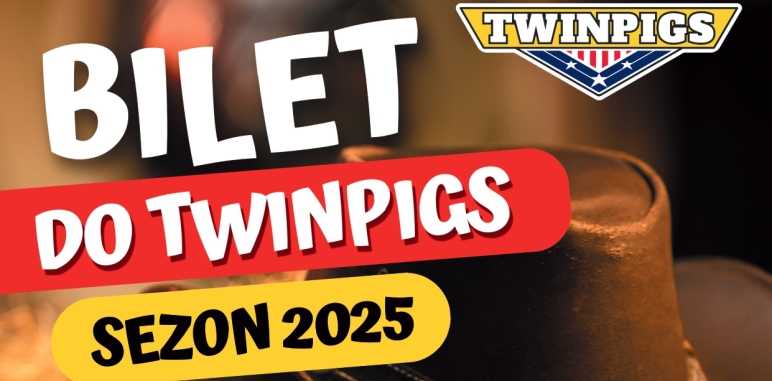 Plakat z wizerunkiem kowbojskiego kapeluszu oraz żorskiej karty mieszkańca i napisem: Bilet do Twinpigs sezon 2025 w cenie 30 zł z Żorską Kartą Mieszkańca