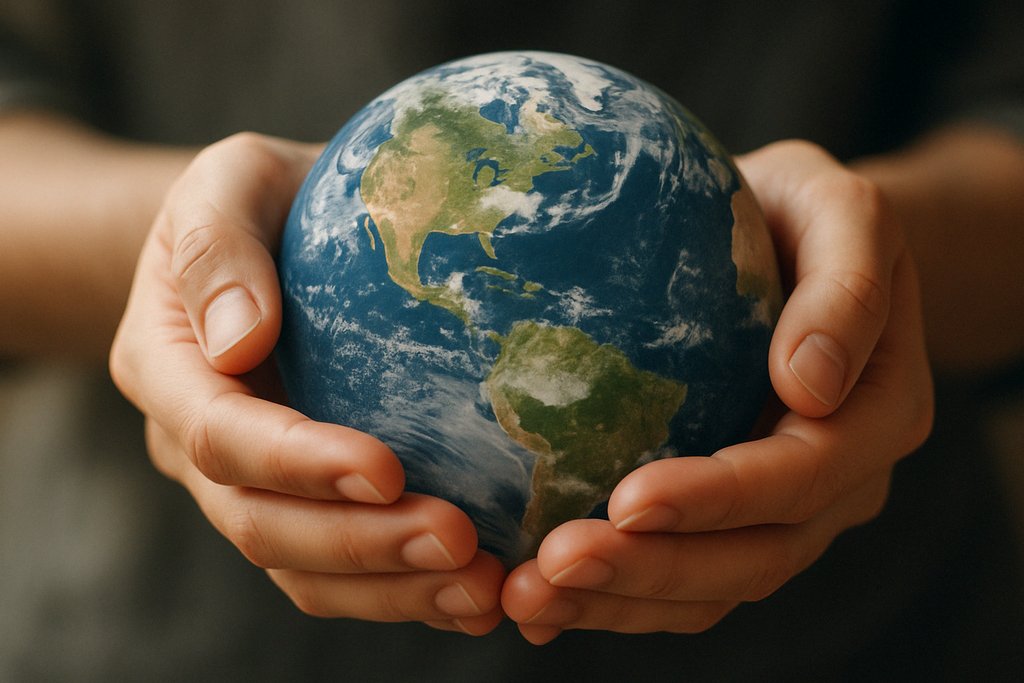 Para ludzkich dłoni delikatnie trzyma kulę ziemską, symbolizując troskę i opiekę nad planetą; Ziemia ukazana jest w realistyczny sposób z widocznymi kontynentami Ameryki Północnej i Południowej, a tło pozostaje rozmyte, co skupia uwagę na czułym geście i samej planecie.