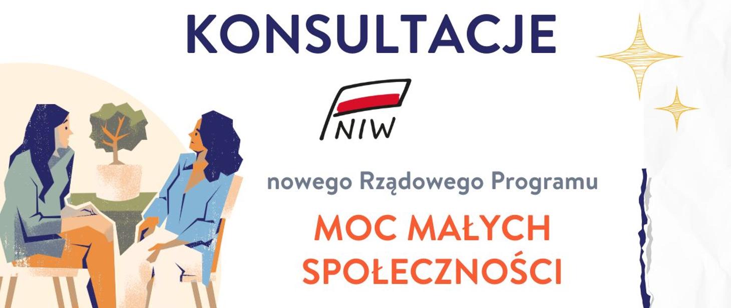Grafika z kobietami rozmawiającymi przy stoliku oraz napisami: Konsultacje nowego rządowego programu Moc Małych Społeczności 