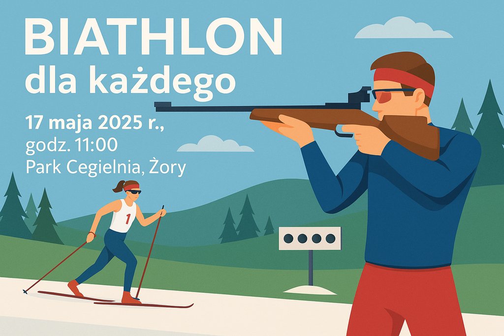 Ilustrowana grafika promująca wydarzenie „Biathlon dla każdego”, które odbędzie się 17 maja 2025 r. o godz. 11:00 w Parku Cegielnia w Żorach. Na pierwszym planie mężczyzna w opasce celuje z karabinu, obok tarcza biathlonowa. W tle kobieta na nartach biegowych, pagórkowaty krajobraz z drzewami i chmurami. Napis w lewym górnym rogu informuje o nazwie wydarzenia, dacie, godzinie i miejscu.