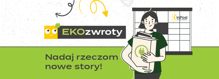 Ilustracja promująca inicjatywę EKOzwroty. Uśmiechnięta kobieta w zielonej koszulce trzyma stos ubrań z symbolem recyklingu, stojąc na tle paczkomatu InPost. Obok logo „EKOzwroty” z uśmiechniętą ikoną paczki oraz hasło: „Nadaj rzeczom nowe story!”. Kolory dominujące: zielony, biały, czarny i żółty.