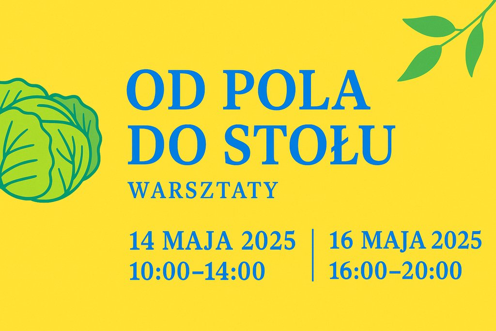 Baner promujący warsztaty „Od pola do stołu” w radosnej kolorystyce – żółte tło, niebieski tekst i zielone ilustracje kapusty oraz liści. W centralnej części umieszczony jest tytuł wydarzenia, poniżej terminy spotkań: 14 maja 2025 (10:00–14:00) oraz 16 maja 2025 (16:00–20:00).
