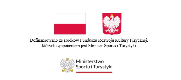 Logotypy flagi Polski, godła Polski oraz Ministerstwa Sportu i Turystyki. Pod nimi tekst: Dofinansowano ze środków Funduszu Rozwoju Kultury Fizycznej, których dysponentem jest Minister Sportu i Turystyki