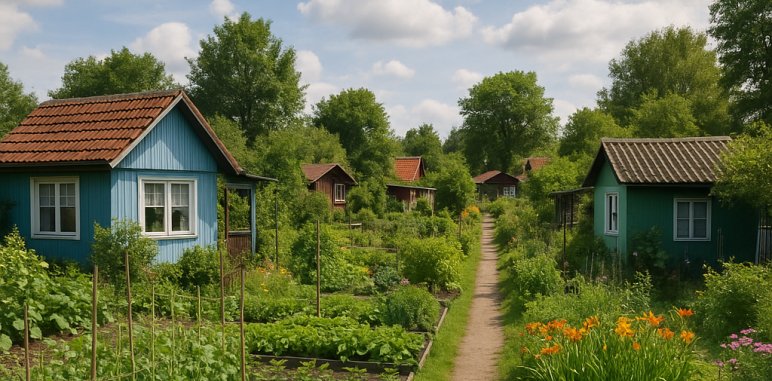 Realistyczne zdjęcie ogródków działkowych w letni dzień – pośrodku biegnie wąska, ziemna ścieżka, po bokach której znajdują się zadbane grządki z warzywami i kwiatami oraz kolorowe domki działkowe. W tle widać drzewa i niebo z delikatnym zachmurzeniem.