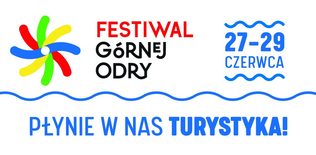 Grafika promująca Festiwal Górnej Odry z logo FGO oraz datą 27-29 czerwca 2025 r. i hasłem Płynie w nas turystyka 