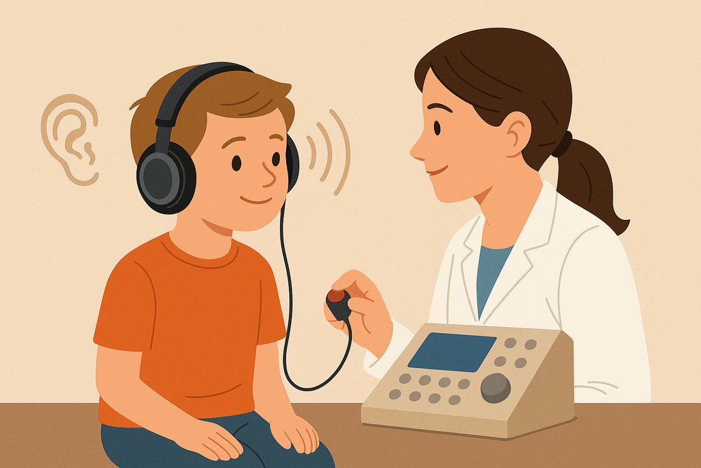 Ilustracja przedstawia chłopca w słuchawkach, który przechodzi badanie słuchu prowadzone przez audiolożkę obsługującą audiometr.