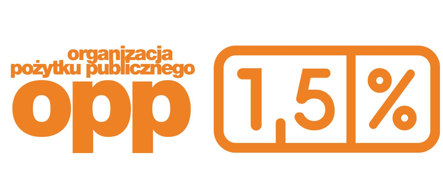 Logo kampanii 1,5% dla OPP – po lewej napis „organizacja pożytku publicznego opp”, po prawej ikona z cyfrą „1,5%” w pomarańczowej ramce.