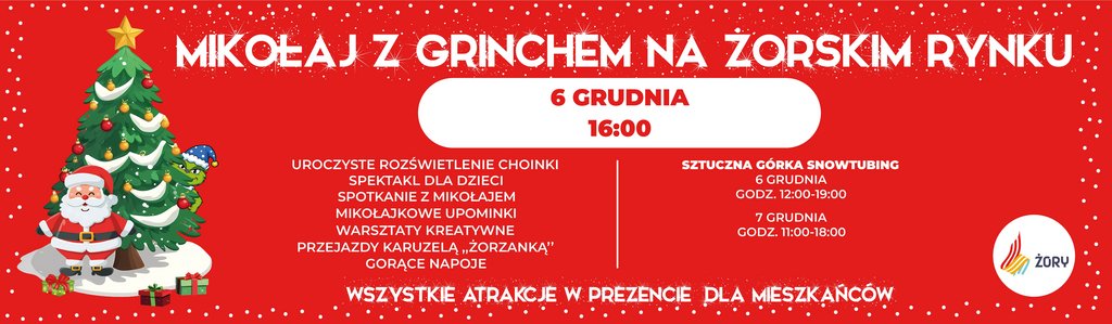 Plakat promujący Mikołajki na Rynku w Żorach z choinką, Mikołajem i postacią Grincha na czerwonym tle z informacjami w tekście