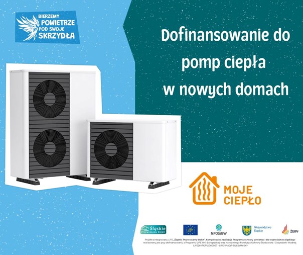Pompa ciepła oraz tekst: Dofinansowanie do pomp ciepła w nowych domach
