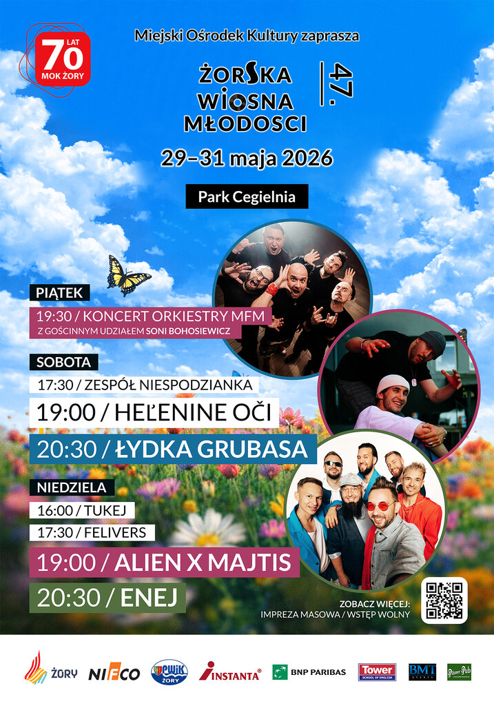 Plakat wydarzenia „Żorska Wiosna Młodości 47” organizowanego przez Miejski Ośrodek Kultury w Żorach. Termin: 29–31 maja 2026, miejsce: Park Cegielnia. Na tle błękitnego nieba z chmurami i łąki z kwiatami widoczne są zdjęcia artystów oraz program koncertów.