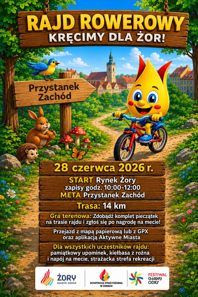 Plakat Rajdu Rowerowego "Kręcimy dla Żor" z informacjami zawartymi w tekście oraz grafiką przedstawiającą leśną ścieżkę, postać Żorka jadącą na rowerze i napis Przystanek Zachód