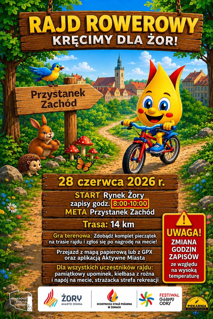 Plakat Rajdu Rowerowego "Kręcimy dla Żor" z informacjami zawartymi w tekście oraz grafiką przedstawiającą leśną ścieżkę, postać Żorka jadącą na rowerze i napis Przystanek Zachód 