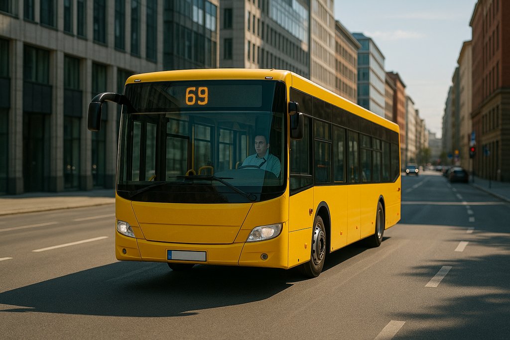 Realistyczne zdjęcie żółtego, nowoczesnego autobusu miejskiego z numerem linii 69, jadącego przez centrum miasta. Autobus porusza się ulicą otoczoną nowoczesnymi biurowcami. Za kierownicą widoczny jest kierowca w białej koszuli.