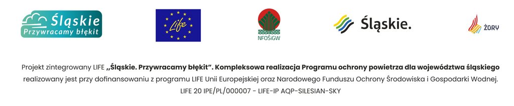 Pasek logotypów, zawierających loga: Śląskie przywracamy błękit, program Life, NFOŚiGW, Śląskie, Miasto Żory. 