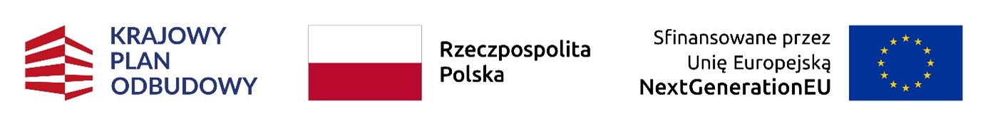 Zestaw logotypów składający się ze znaków: Krajowy Plan Odbudowy, Rzeczpospolita Polska, Unia Europejska.