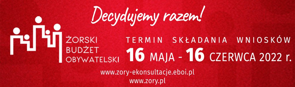 Plakat promujący Żorski Budżet Obywatelski 2023 z logo ŻBO, wysokością puli: 2 200 000 zł oraz terminem składania wniosków 16 maja - 16 czerwca 2022 r. 