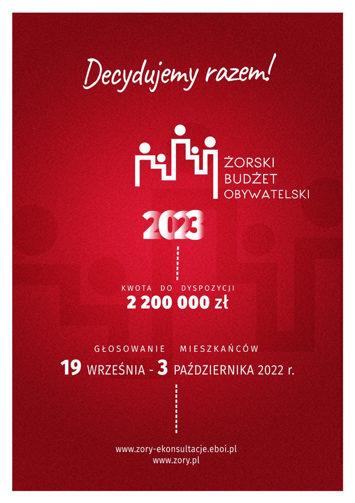 Grafika z logo Żorskiego Budżetu Obywatelskiego i hasłem: Decydujemy razem! Głosowanie mieszkańców 19 września - 3 października.