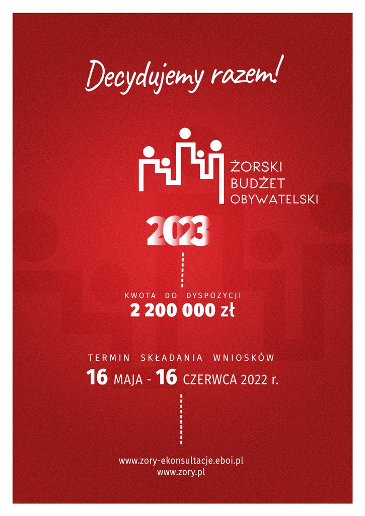 Plakat promujący Żorski Budżet Obywatelski 2023 z logo ŻBO, wysokością puli: 2 200 000 zł oraz terminem składania wniosków 16 maja - 16 czerwca 2022 r. 