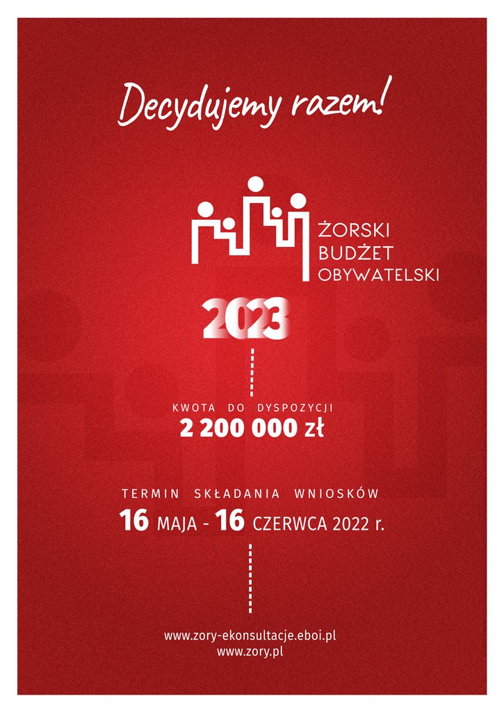 Plakat promujący Żorski Budżet Obywatelski 2023 z logo ŻBO, wysokością puli: 2 200 000 zł oraz terminem składania wniosków 16 maja - 16 czerwca 2022 r.